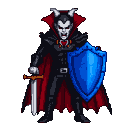 Vampire in ornate dark suit and crimson cape, holding a silver dagger and a blue shield, with glowing white eyes and pointed ears.