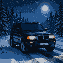 A black 2004 BMW X5 with illuminated angel eye headlights drives on a snow-covered forest road at night under a full moon.