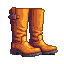 Knee-high, orange-brown leather boots with a metallic buckle on the left boot.