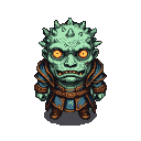 A grotesque, reptilian JRPG hero with pale green, spiky skin and fiery orange eyes, wearing ornate dark blue and brown armor with gold accents.