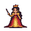 Regal queen in a deep red and gold gown, wearing a golden crown and holding a dark scepter.