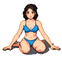 A woman in a vibrant blue bikini kneels with her arms extended and all limbs touching the ground.