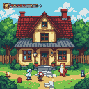 A two-story yellow house with a red roof sits amongst green foliage, with three stylized figures on a path leading to its door. A pale blue humanoid, a red-armored character, and a brown bear-like creature are present. Red orbs and a golden orb are scattered nearby. A gameplay interface bar is visible against a blue sky with white clouds.