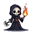 Stylized Grim Reaper in a dark hooded robe with a red sash, holding a flaming torch and a scythe.