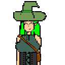 Cheerful witch with vibrant green hair, a wide smile, dark green tunic, satchel, and wooden staff against a black background.