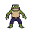 Green pixel art frog fighter in dark blue pants and yellow belt, with tan torso, standing in a ready stance.