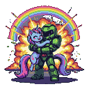 Green-armored figure holding a small blue unicorn, with a large explosion and rainbow behind them.