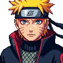 Young man with spiky blonde hair, blue eyes, and whisker markings on cheeks, wearing a black headband with a leaf symbol, and a dark hooded jacket with red lining.