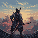 Lone samurai silhouetted against a vibrant, pixelated sunset, back to viewer, traditional attire, katana sheathed across back and at hip, hand on hip, other hand near sword.