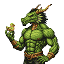 Muscular green dragon-headed hero with golden bracers and belt, holding a small yellow rubber duck.