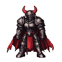 A devil knight in dark, segmented armor with a crimson cape and horns, standing ready with clenched fists.