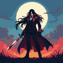 Alucard from Hellsing, with dark hair swirling, stands before a large pale moon, holding a gleaming sword. He wears his dark attire with a crimson-lined coat. The horizon is a fiery orange and red sunset.