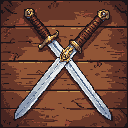 Two crossed fantasy swords with textured brown leather hilts and golden accents rest on a rustic wooden table.