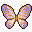 Iridescent pixie wings in pastel purple, pink, and golden yellow, with a cross-like central structure.