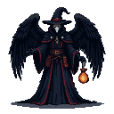 Somber figure in black robes with crimson trim, wearing a raven mask, with large dark wings spread. It holds a lantern emitting a warm orange glow.