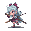 Three-headed anime girl with silver hair in buns and ponytail, wearing a red and gold dress, holding two staffs.