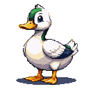 A plump white duck with a green crest and blue and green wing accents, looking forward with a slightly open orange beak.