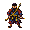 A samurai in a blue and red tunic with a golden sash and purple cap stands ready for battle, a golden scabbard across his back and a sheathed sword at his hip.