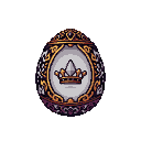 A pearlescent egg with golden filigree and purple accents, holding a stylized crown in its center.