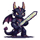 Fierce, dark-scaled dragon in pixelated armor, wearing a red bandana, holding a glowing rainbow sword.