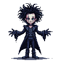 A character with wild dark hair, pale face, wide innocent eyes, and scissor-like hands, wearing a detailed black outfit with a high collar and long coat.