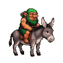 Orange troll with a green hat and beard rides a gray donkey.
