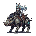 Fierce elven android with white hair and intricate armor rides a mechanical boar with glowing blue accents.