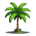 A pixel art banana palm tree with a textured brown trunk and lush green fronds against a transparent background.