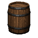 A weathered wooden barrel with dark metal hoops.