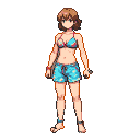 Young woman with short brown hair wearing a patterned bikini top and shorts.