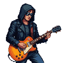 A cloaked figure with sunglasses plays an electric guitar.