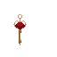 A solitary, ornate golden key with a ruby-encrusted bow floats against a black background.
