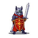 Wolf-headed paladin in dark pixelated armor, red cape, holding a golden cross shield and silver sword.