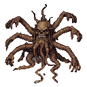 A grotesque, six-limbed creature with a skull-like face and tendrils spilling from its open mouth, its clawed hands spread wide.