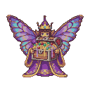 Regal pixie in a purple royal outfit and golden diadem, with shimmering blue and turquoise butterfly wings, holding a large treasure chest overflowing with gold coins, rubies, and emeralds.