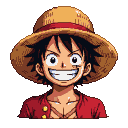 Young pirate with spiky dark hair, wearing a straw hat and red vest with gold buttons, grinning joyfully.