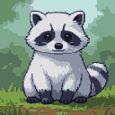 A fluffy white raccoon with dark eye markings sits in a green pixelated forest.