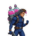 A fighter in a blue suit with a backpack containing two large bottles of pink slime connected by pipes to his head.