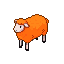 An orange sheep with white legs, facing left, with a white face, black eye, and pink nose.