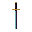 A solitary sword with a dark indigo hilt, gold pommel, brass crossguard, and an ethereal cyan blade bordered by deep purple and crimson.
