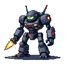 Dark gray mech with glowing green optics and red accents, right arm raised with a crackling green energy blade.