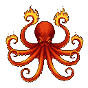 A menacing fire octopus with crimson body and eight flaming tentacles against a black background.