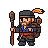 Rugged fantasy character with a dark cap, blue vest, and red sash, holding a wooden staff and wearing a quiver of arrows.