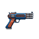 Retro-futuristic handgun with a blue body, orange stripes, and a triple-chambered barrel against a black background.