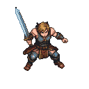 A warrior in brown and blue layered armor grips a broadsword with both hands, blonde hair tousled, in a low, powerful stance.