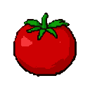 A ripe, round red tomato with green leaves.