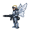 Futuristic angel in segmented armor holding a modern rifle, with white feathered wings, side view.