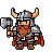 Stout, bearded warrior in horned helmet and chainmail, holding an axe aloft, wearing a crimson cloak.