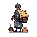 A merchant with a dark beard and turban, wearing a layered tunic, stands with a portable stall filled with scrolls. A wooden barrel with straw and a round sack are on the ground beside him.
