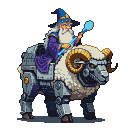 Wise wizard with blue hat and purple robes rides a mechanical sheep with red eyes and robotic limbs, holding a glowing blue staff.